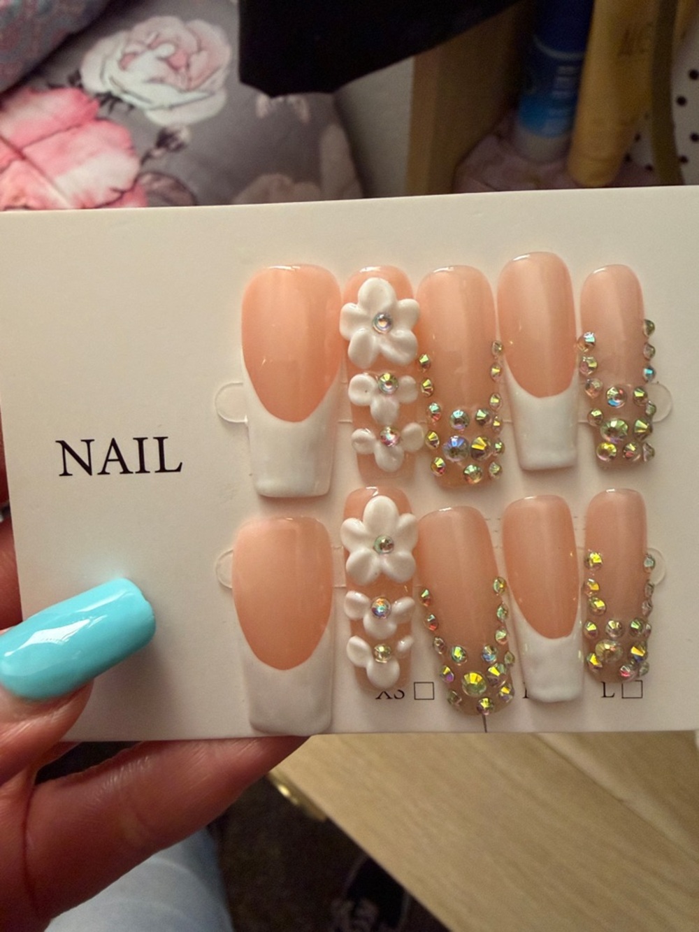 Peach & White Floral 3D Rhinestone Press-On Nails